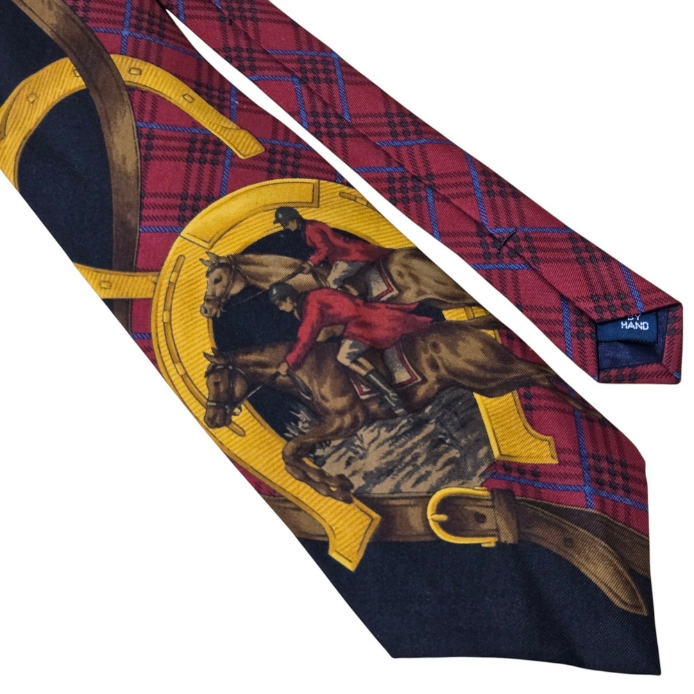 Vtg Polo Ralph Lauren Tie Mens Tartan Plaid Equestrian Horse Silk Hand Made USA